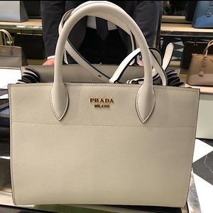 Prada Saffiano City Leather White Bag Black Trim Bibliothèque Tote Bag